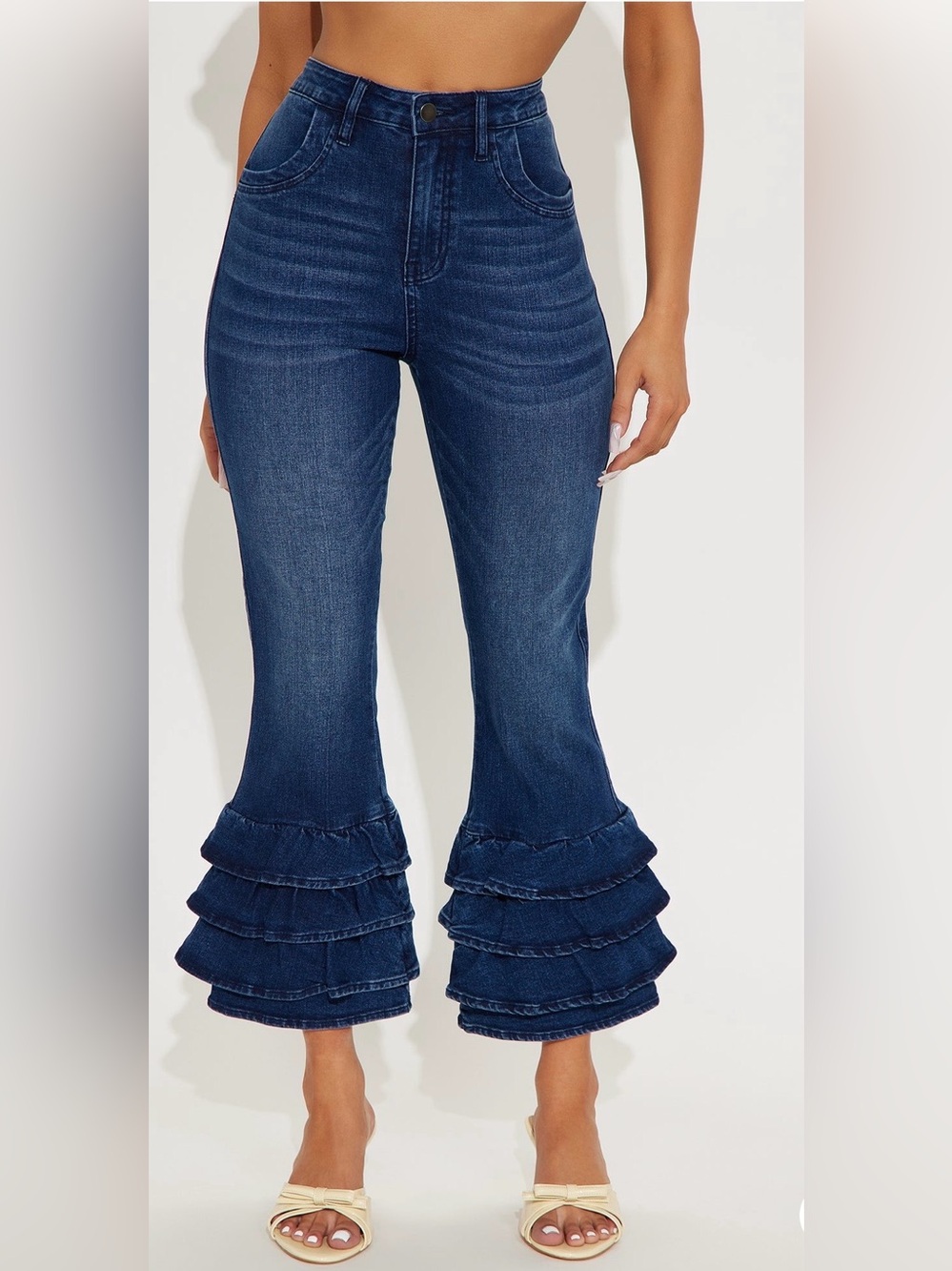 Fashion Nova Dark Blue High-Rise Ruffle Hem Flare Jeans - Picture 2 of 4